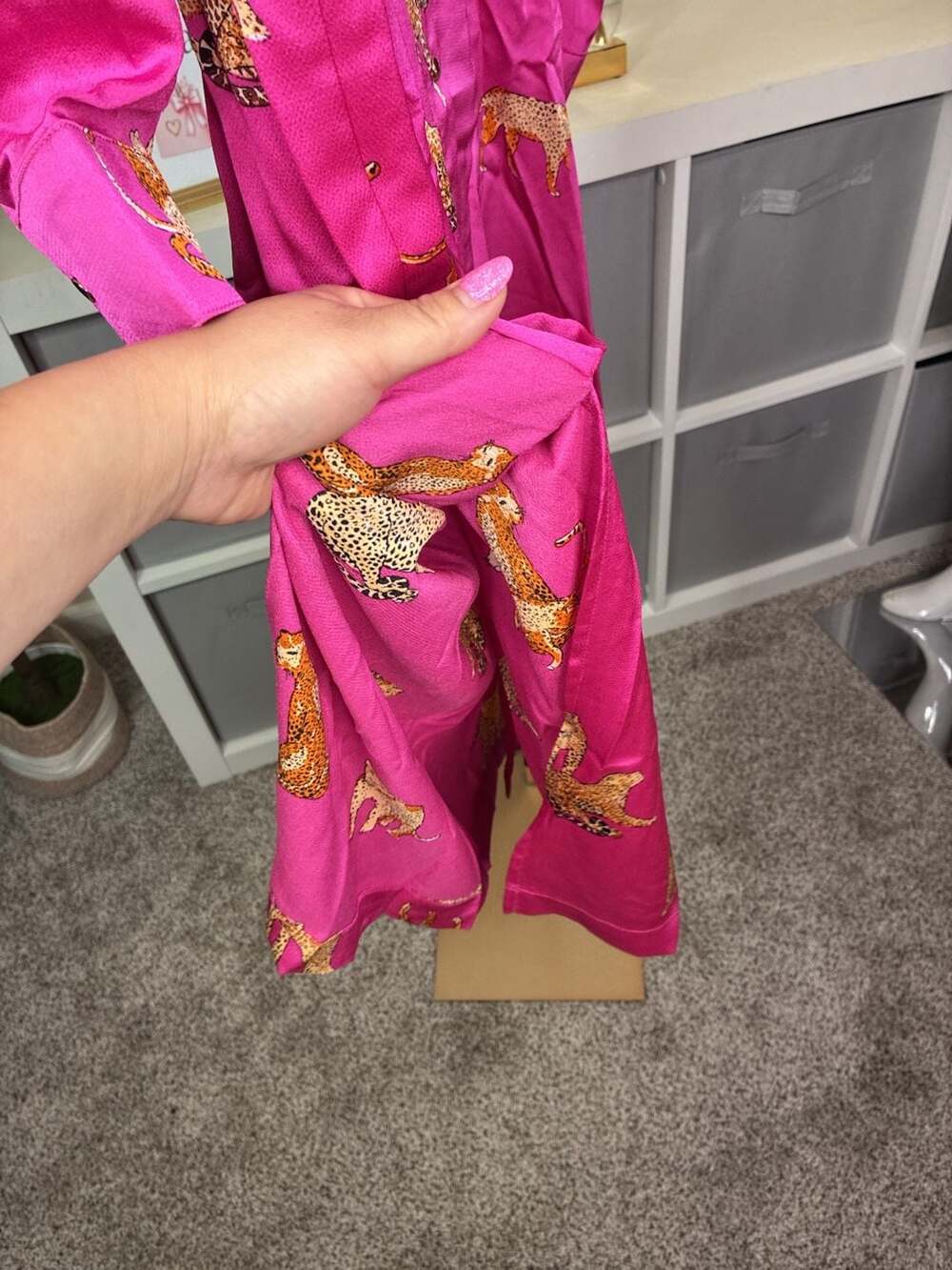 Umgee Satin Cheetah Print Button-Down Midi Shirt Dress in Magenta Pink - Picture 6 of 11